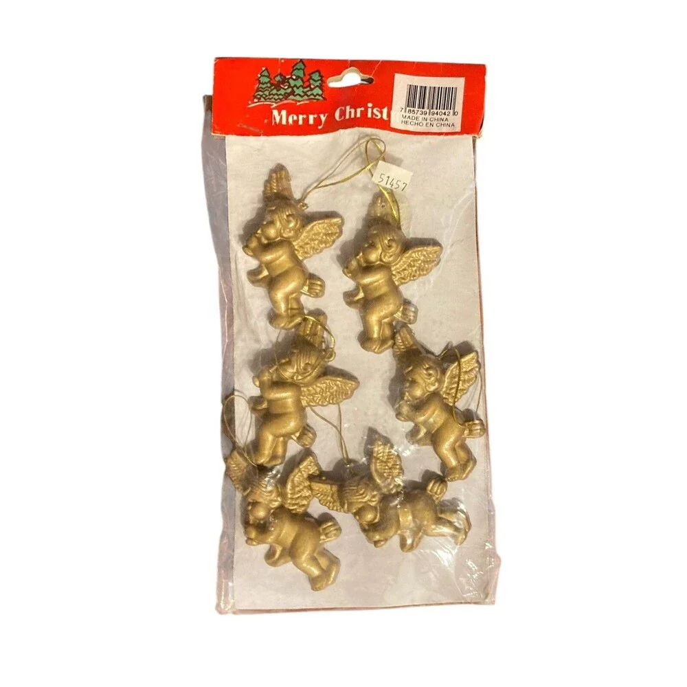 Set‎ of 6 Vintage Copper Plastic Cherub Angel Ornaments Playing Instruments